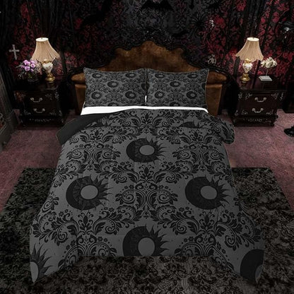 Feelyou Adults Gothic Comforter Set Full Size Dark Olive Green Damask Bedding Set for Kids Boys Girls Sun and Moon Duvet Quilt Bedroom Decor Microfiber 3 Pcs with 2 Pillow Cases