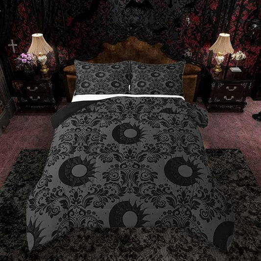 Feelyou Adults Gothic Comforter Set Full Size Dark Olive Green Damask Bedding Set for Kids Boys Girls Sun and Moon Duvet Quilt Bedroom Decor Microfiber 3 Pcs with 2 Pillow Cases
