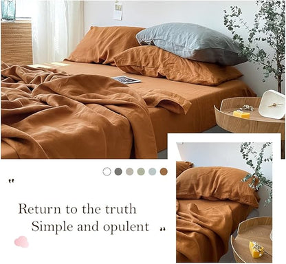 Simple&Opulence Washed Linen Bed Sheet Set Basic Style 4 Pieces (1 Flat Sheet & 1 Fitted Sheet & 2 Pillowcases) 100% Natural French Flax Soft Breathable Farmhouse Bedding (Queen, Rust)