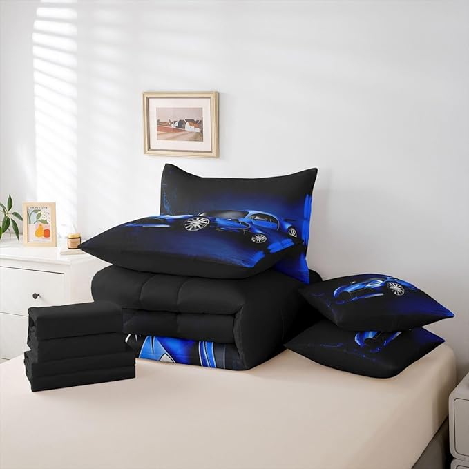 Feelyou Sports Car 7 Piece Bedding Set Blue Race Car Comforter Set with Sheets for Kids Boys Girls Extreme Sports Theme Bed in a Bag Cool Speed Luxury Car Decor Bed Set with 1 Pillowcase Twin