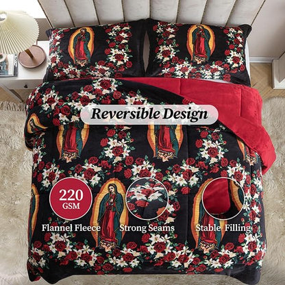 Petrichor Virgin Mary Guadalupe Velvet Flannel King Comforter Set-Luxury Fuzzy Heavy Bedding Set, 3 Pieces Plush Winter Bed Set with Comforter (90"x104") & 2 Pillow Shams(20"x36")