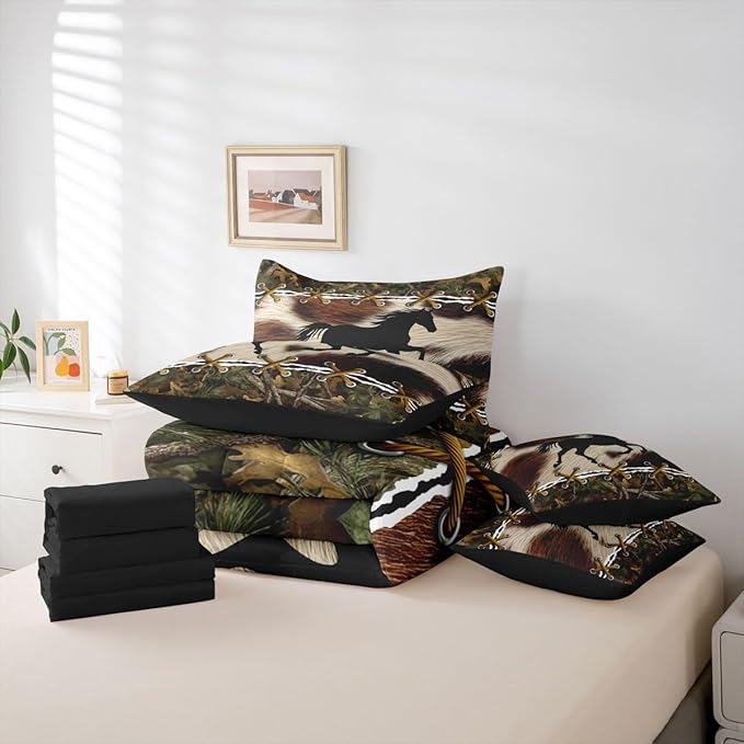 Erosebridal Camo King Size Comforter Set with Sheets | Western Horse 7 Piece Bedding Set Mens Camouflage Country Bed in a Bag, Farmhouse Woodland Animals Room Decor,Rustic Cabin Decor Camo Bed Set