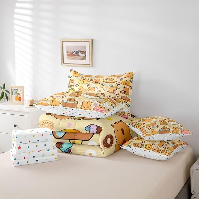 Cute Capybaras 7 Pieces Bedding Set Twin Size,Funny Rodent Animals Bed in a Bag,Capybara Themed Bed Set Includes Comforter,Sheet Set,Pillowcases & Pillow Covers,Yummy Donut Cakes Bedroom Decor