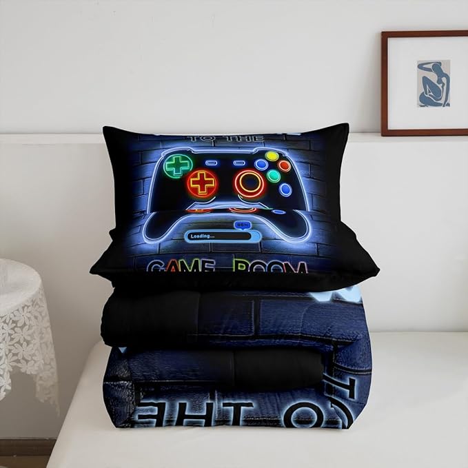 jejeloiu Blue Gamer Gaming Bedding Set King Size for Boys Game Console Comforter Set Kids Teens Neon Light Duvet Set Cool Game Room Decor Quilt Set 3Pcs