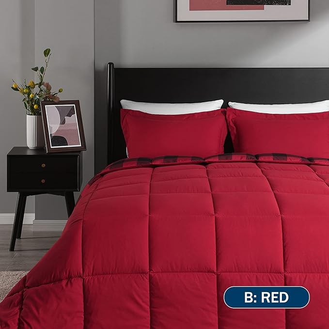 downluxe Lightweight Plaid Comforter Set (Twin) with 1 Pillow Sham - 2-Piece Set - Red/Black Plaid - Down Alternative Reversible Comforter