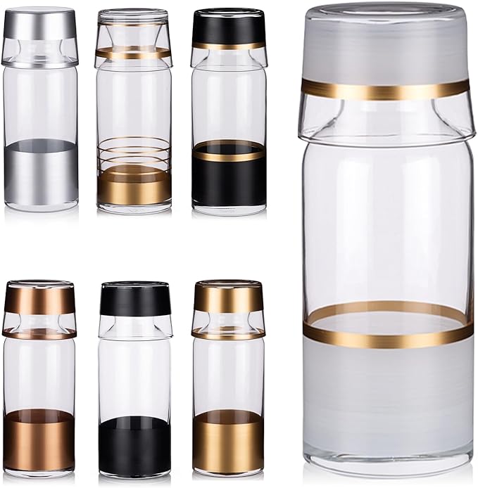GARIZZE Bedside Water Carafe and Glass Set for Bedroom, Bedside Carafe and Glass Set, Mouthwash Decanter for Bathroom, Water Carafe with Glass Cup for Nightstand (24-oz/7-oz) (WHITE GOLD)Standard Pack