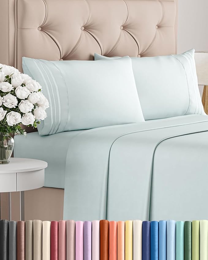 Queen Size 4 Piece Sheet Set - Comfy Breathable & Cooling Bed Sheets Set - Hotel Luxury Bedding for Women, Men, Kids, Teens, Boys & Girls - Deep Pockets, Ultra-Soft, Wrinkle Free - Oeko-Tex - Ice Blue