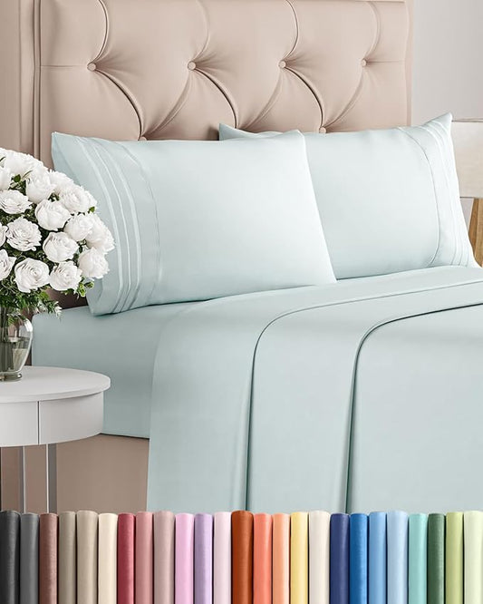 Queen Size 4 Piece Sheet Set - Comfy Breathable & Cooling Bed Sheets Set - Hotel Luxury Bedding for Women, Men, Kids, Teens, Boys & Girls - Deep Pockets, Ultra-Soft, Wrinkle Free - Oeko-Tex - Ice Blue