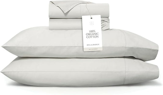 BOLL & BRANCH Signature Hemmed Sheet Set - Twin, Mist - Luxury 100% Organic Cotton - Includes 1 Flat, 1 Fitted, 2 Pillowcases - Buttery Soft