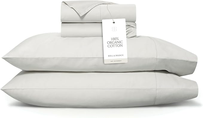 BOLL & BRANCH Signature Hemmed Sheet Set - California King, Mist - Luxury 100% Organic Cotton - Includes 1 Flat, 1 Fitted, 2 Pillowcases - Buttery Soft