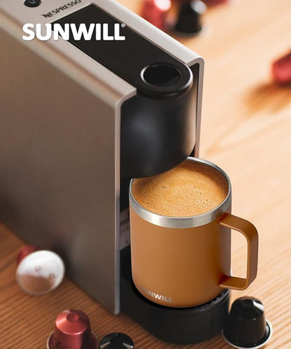 SUNWILL Travel Coffee Mug with Lid, Insulated Tumbler Set of 2, Stainless Steel Cup 14 oz for Camping, Outdoor, Gifts, Powder Coated Olive & Caramel