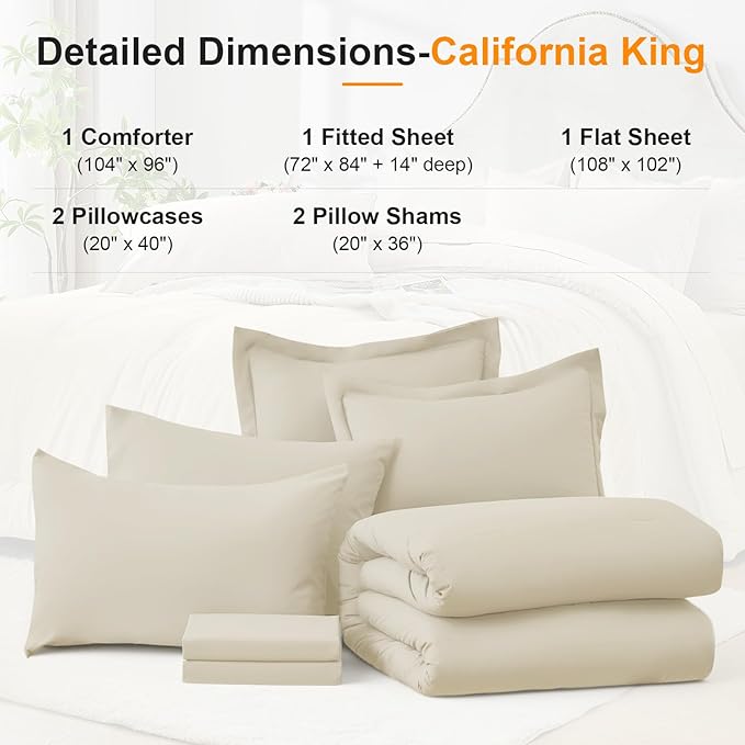 California King Size Comforter Set 7 Pieces - Soft Bed in a Bag King Bed Set, Cozy Luxury Bedding Sets with All Season Comforter, Flat Sheet, Fitted Sheet, 2 Pillowcases & 2 Shams, Beige