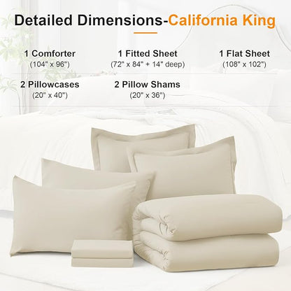 California King Size Comforter Set 7 Pieces - Soft Bed in a Bag King Bed Set, Cozy Luxury Bedding Sets with All Season Comforter, Flat Sheet, Fitted Sheet, 2 Pillowcases & 2 Shams, Beige