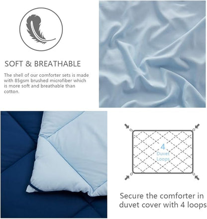 NexHome King Size Comforter Set Navy Blue&Light Blue, 3 Pieces Lightweight Reversible Comforter King Size, All Season Fluffy Down Alternative Comforter Bed Set Quilt Blanket
