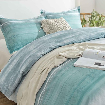 Queen Size Comforter Set, Blue, Grey and Teal Striped Pattern Print Reversible Down Alternative Bed Sets - 90 x 90 3PC Soft Microfiber Duvet Sets Modern Abstract Bedding in a Bag for Women Men, Gray