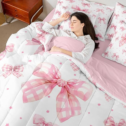 Erosebridal Plaid Kawaii Starry Bowknot King 7-Piece Comforter Set | Checkered Cute Geometric Sheets and Pillowcases Pink White Princess Ribbon Bed in A Bag Kids Women Teens Bed Sets