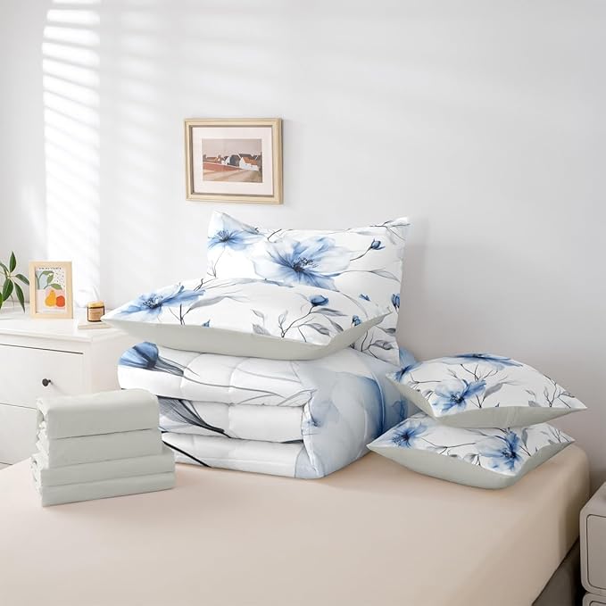 Erosebridal Blue and Grey Queen Comforter Set with Sheets,Boho Watercolor Floral 7 Piece Bedding Set | Ink Painting Style Blossom & Leaf Bed in A Bag with Flat and Fitted Sheet for Elegant Bedroom