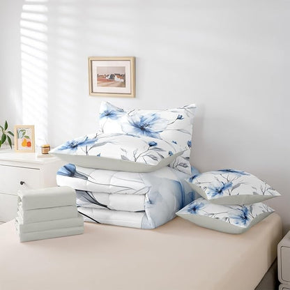 Erosebridal Boho Watercolor Floral King Size Comforter Set with Sheets,Blue and Grey 7 Piece Bedding Set Ink Painting Style Blossom & Leaf Bed in A Bag with Flat and Fitted Sheet for Artistic Bedroom