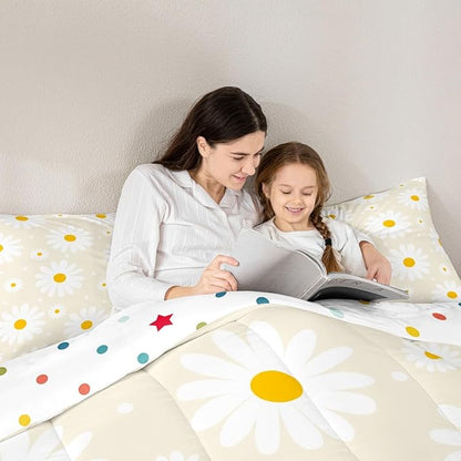 Erosebridal Beige Floral Comforter Cute Daisy Cream Toddler Bedding Set for Kids Teen Women,Botanical Theme Rustic Flowers Comforter Set White Daisy Floral Quilt Room Decor