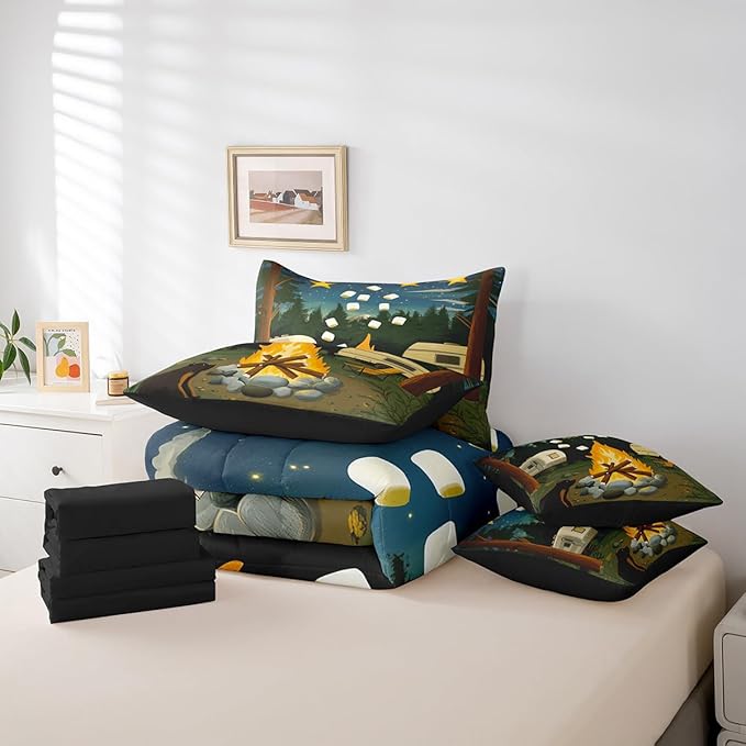 Erosebridal Rv Camper Twin Bedding Set, Happy Camping Bed in A Bag,Wild Campfire Comforter Sets with Sheets, Rustic Starry Night 7 Pieces Bed Set Bedroom Decor