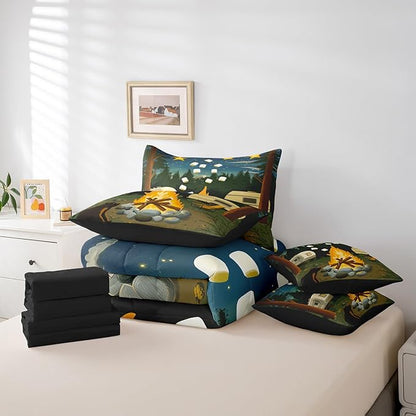 Erosebridal Rv Camper Full Bedding Set, Happy Camping Bed in A Bag,Wild Campfire Comforter Sets with Sheets, Rustic Starry Night 7 Pieces Bed Set Bedroom Decor