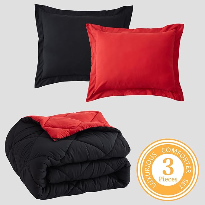 NexHome King Size Comforter Set Black&Red, 3 Pieces Lightweight Reversible Comforter King Size, All Season Fluffy Down Alternative Comforter Bed Set Quilt Blanket(102x90 in Comforter & 2 Pillowsham)