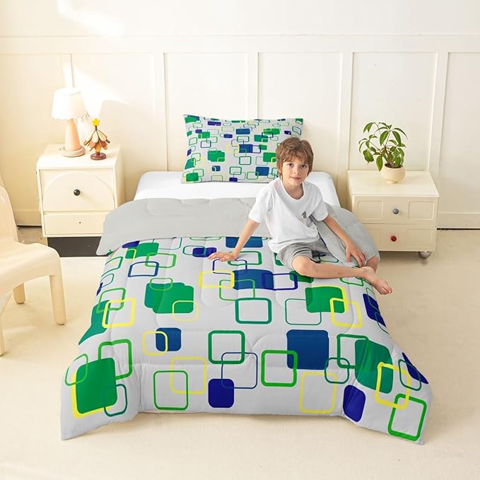 Erosebridal Green Geometric Comforter Set Twin Abstract Minimalist Square Bedding Set Modern Aesthetic Stripes Comforter for Kids Girls Boys Color Block Grid Quilt Duvet