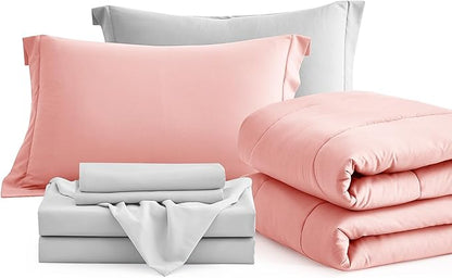 Maple&Stone Queen Size Comforter Set 7 Pieces Bed in a Bag - Down Alternative Bed Set with Sheets, Pillowcases & Shams, Soft Reversible Duvet Insert for Queen Bed, Pink and Grey