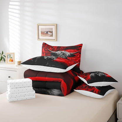 Erosebridal Highland Cow Comforter Set 7 Piece,Red Rose Bed in a Bag King,Western Bull Cattle Fitted Sheet,Romantic Rose Floral Quilt Set,Wild Animals Wildlife Bedding Set Farmhouse Bedroom Decor