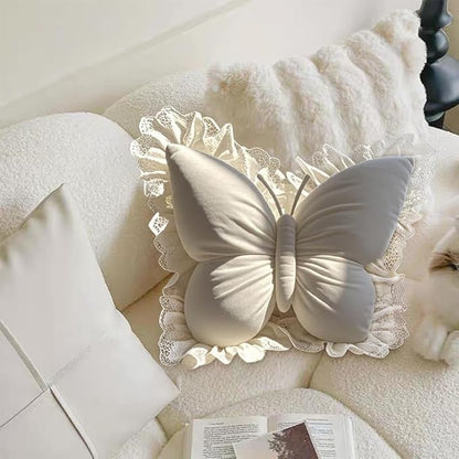 Butterfly Throw Pillow,21.6 inch Velvet Butterfly Decorative Pillow with Lace Trim,Animal Pillow for Couch Living Room Bed,Home Garden Decor (Off-White)