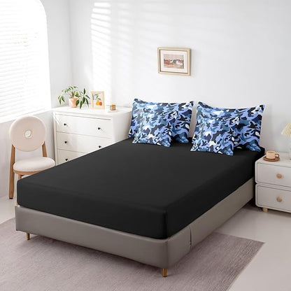 Erosebridal Duck Hunting 7 Piece Comforter Set Queen Size Camo Bedding for Kids Boys Army Camouflage Hunting Bed in A Bag Sheet Set Vintage Blue Black Room Decor Wild Animal Duck Rustic Bed Set