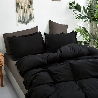 CLOTHKNOW Black Ruffles Comforter King Size Set Farmhouse Bedding Comforter Sets Shabby Chic Comforter Boho Comforter with 2 x Pillowcases
