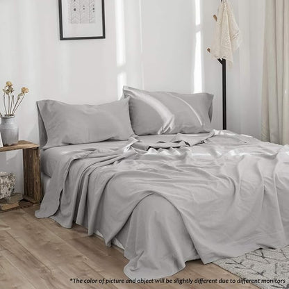 Simple&Opulence Belgian Linen Sheet Set Solid Color - 4 Pieces (1 Flat Sheet, 1 Fitted Sheet & 2 Pillowcases) Natural Flax Cotton Blend Soft Breathable Farmhouse Bedding - Full Size, Grey