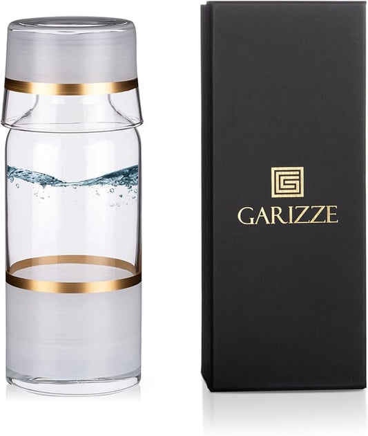GARIZZE Bedside Water Carafe and Glass Set for Bedroom, Bedside Carafe and Glass Set, Mouthwash Decanter for Bathroom, Water Carafe with Glass Cup for Nightstand (24-oz/7-oz) (WHITE GOLD)Standard Pack