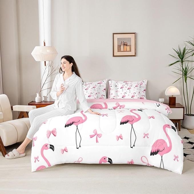 Erosebridal Bowknot Flamingo Girls Kawaii Black Pink Full Comforter Set 7 Pieces | Princess Bed in A Bag for Bedroom Animal Aesthetic Y2K Bedding Set with Comforters Cute Bow Room Decor