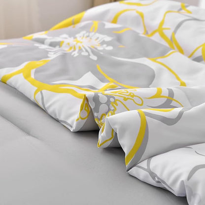Anibedding Yellow Floral Comforter Set Full Size 7 Pieces Reversible Bed in a Bag with Sheets Set for All Season, Soft Microfiber Complete Bedding Set All Season (78''x90'')
