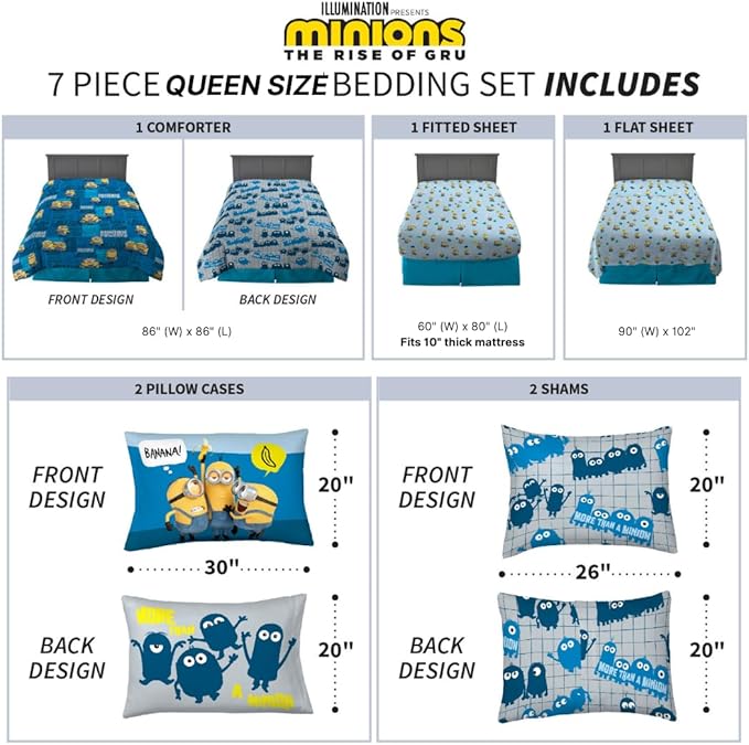 Minions The Rise of Gru Kids Bedding Super Soft & Cozy Reverisble Microfiber Comforter and Sheet Set with Sham, 7 Piece Queen Size, (Officially Licensed Product) by Franco