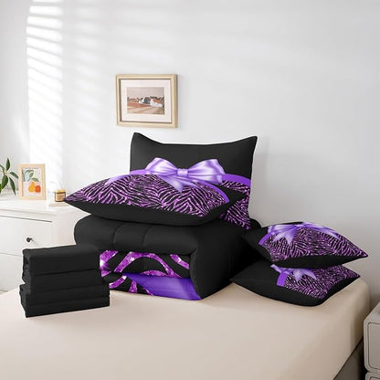 Feelyou Purple Bowknot 7 Piece Bedding Set Twin Size Glitter Print Comforter Set with Sheets for Kids Girls Adult Cute Bowknot Bed in a Bag Black Silver Bed Set