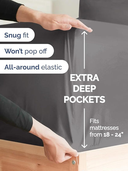 Extra Deep Split King Sheet Set - 7 Piece Breathable and Cooling Sheets - Hotel Luxury Bedding for Women, Men, Kids & Teens - Easy Secure Fit - Soft and Wrinkle Free - Extra Deep Pockets - Dark Grey