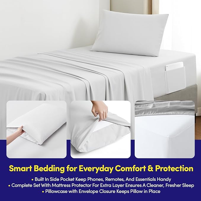Twin Size Comforter Set Quilted Stripe Bedding Bundle – Stylish Set with Comforter, Mattress Protector, Sheet Set & Pillow Shams — Sophisticated Striped Design for Home & Guest Rooms, Gray/Silver