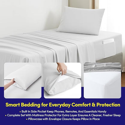 Twin XL Comforter Set College Dorm Bedding Bundle (Twin XL) – Dorm Upgrade with Comforter, Mattress Protector, Sheet Set & Pillow Sham — Stylish Quilted Stripe for Students & Shared Rooms, Gray/Silver