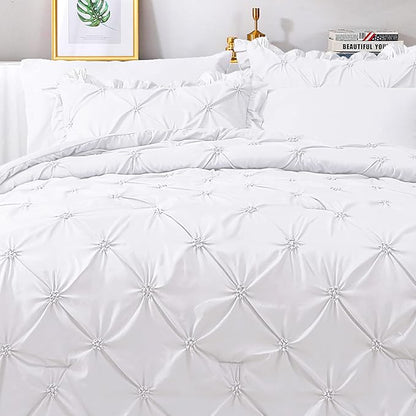 JOLLYVOGUE White Cal King Size Comforter Sets 7 Pieces, Pintuck Bed in a Bag Comforter Set for Bedroom, Bedding Comforter Sets with Comforter, Sheets,Ruffled Shams & Pillowcases