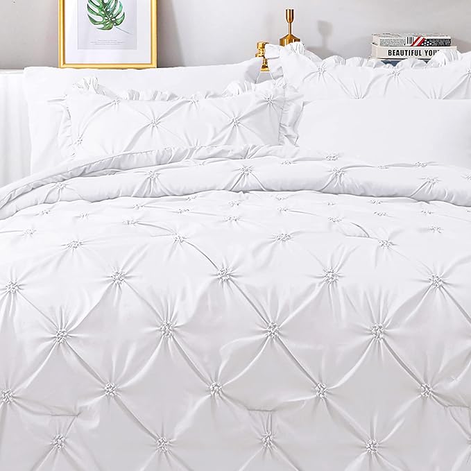 JOLLYVOGUE White Full Size Comforter Sets 7 Pieces, Pintuck Bed in a Bag Comforter Set for Bedroom, Bedding Comforter Sets with Comforter, Sheets,Ruffled Shams & Pillowcases