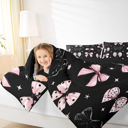 Erosebridal Black Pink Bow Bedding Set Cute Cartoon Bowknot Queen Comforter Set for Girls Coquette Butterfly Knot Bedding Comforter Sets for Kids Teen Adults,Princess Style Kawaii Bed Set