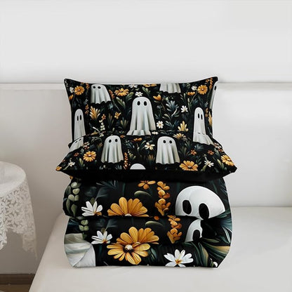 Erosebridal Spooky Halloween Boho Black Bedding Set Full, Cute Ghost Comforter Set for Kids Boys Girls Teens Women Men Halloween Decor, Black Bohemian Floral Comforter, Retro Horror Theme Quilt
