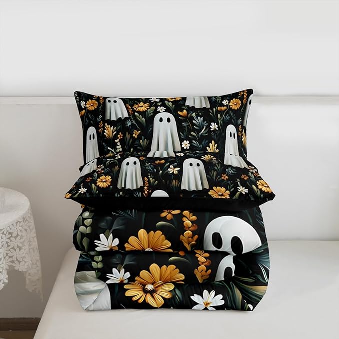Erosebridal Spooky Halloween Boho Black King Size Comforter Set, Cute Ghost Bedding Set for Kids Boys Girls Teens Women Men Halloween Decor, Black Bohemian Floral Comforter, Retro Horror Theme Quilt