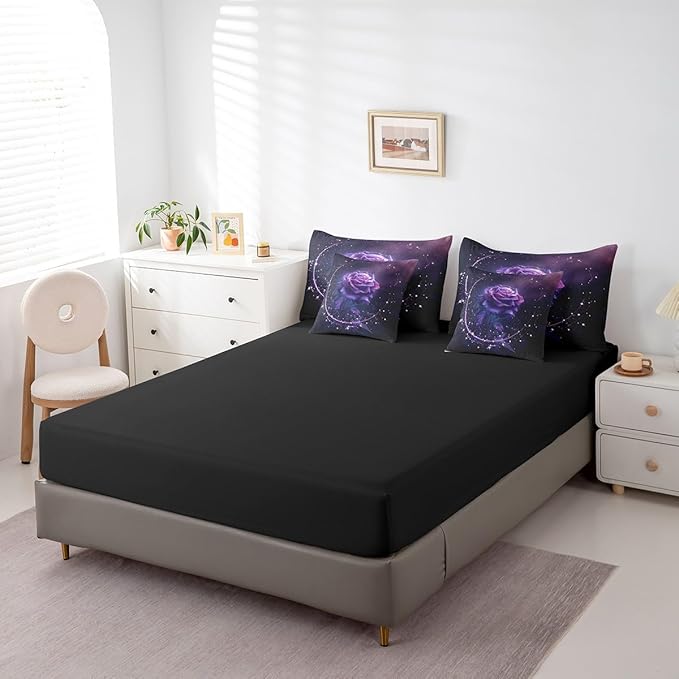 Erosebridal 7 Piece Purple Rose Comforter Set King with Sheets,Romantic Flowers Rose Bedding Set for Couples Bedroom Decor,Galaxy Stars Bed in a Bag,Valentines Day Wedding Gifts for Women Girls