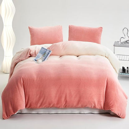 KAREVER Pink White Gradient Comforter Set - Full Bed Velvet Bedding with Soft Quilt - Farmhouse Flannel Comforter for Girls & Women