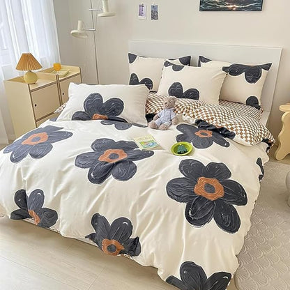 CLOTHKNOW Black Sunflower Full Size Comforter Sets Floral Bedding Comforter Sets Pumpkin Plaid Comforter Beige Black Comforter with 2 x Pillow Cases