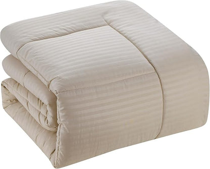 Sweet Home Collection 8 Piece Comforter Set Bag with Dobby Stripe Design, Bed Fitted, 1 Flat Sheet, 2 Pillowcases, 2 Shams, King Beige (Pack of 3)